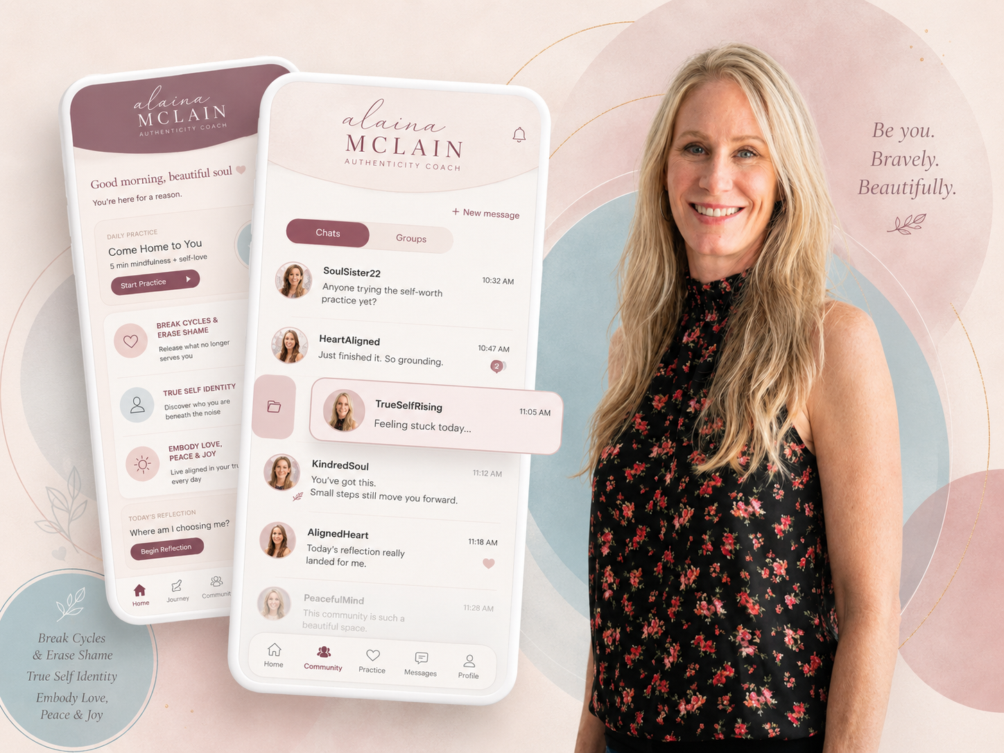 Alaina McLain beside a preview of her app experience